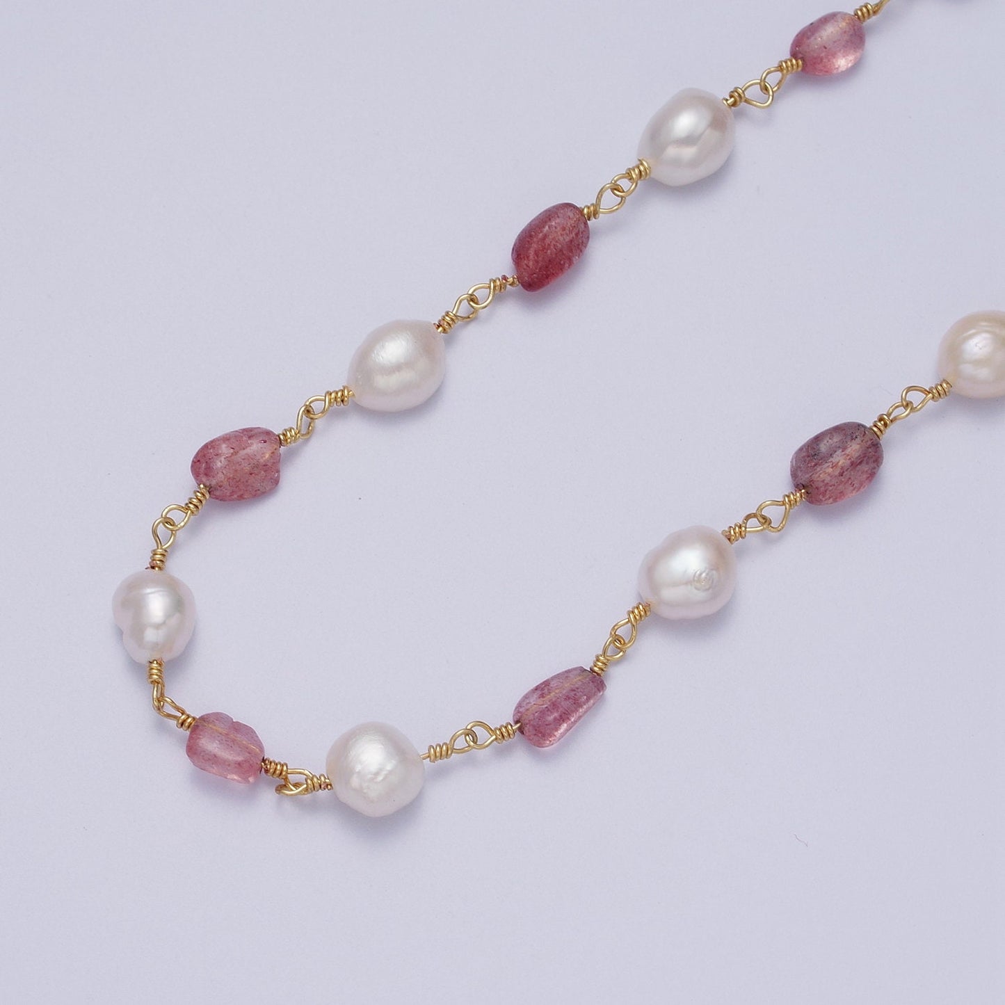Chunky Gold Pearl Gemstone Rose Quartz, Amethyst, Citrine, Moonstone Wire Wrapped Rosary Chain for Jewelry Making Supply ROLL-1013