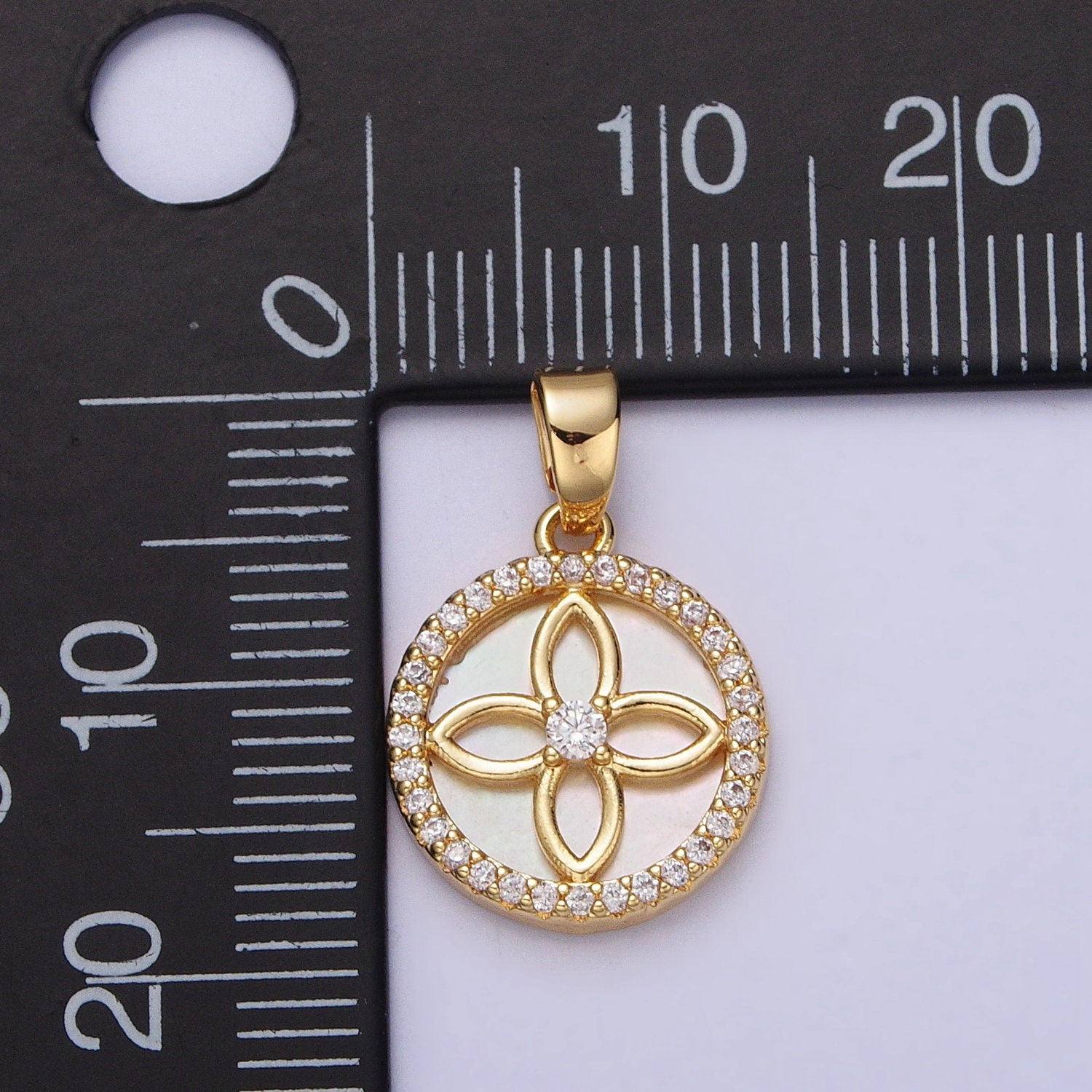 24K Gold Filled Coin Pendant MOP Clover Charm, mother-of-pearl Quatrefoil pendant for Minimalist Jewelry AA-115