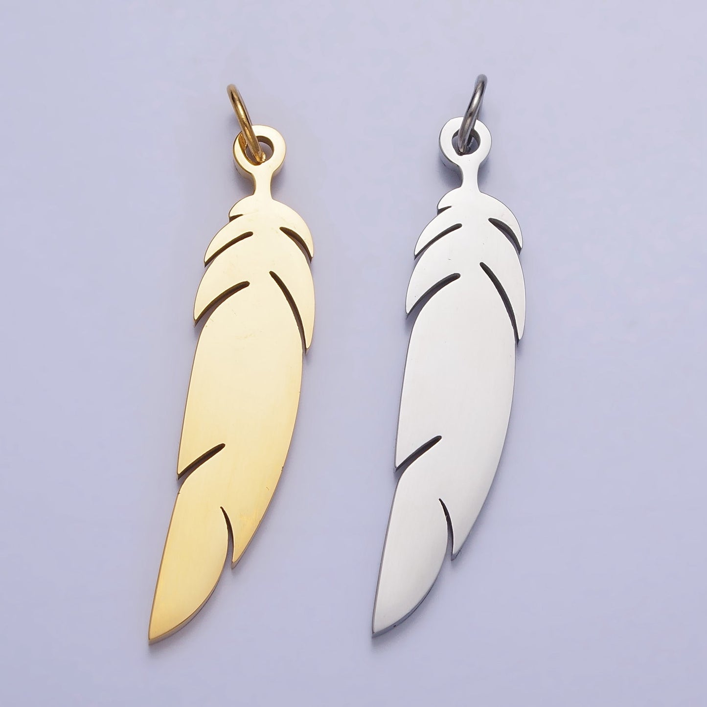 Stainless Steel Feather Charm, 42.8x8.5mm Gold Feather Pendant, Silver Color, Metal Necklace Bracelet Earring Charm, Jewelry Making P-921