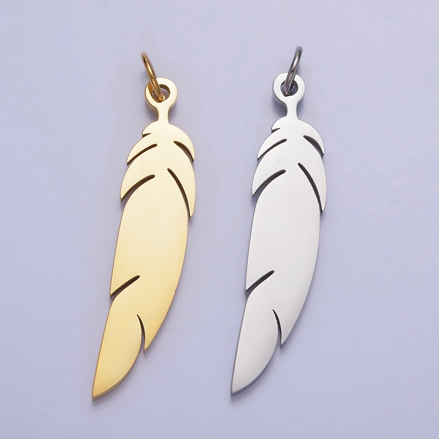 Stainless Steel Feather Charm, 42.8x8.5mm Gold Feather Pendant, Silver Color, Metal Necklace Bracelet Earring Charm, Jewelry Making P-921