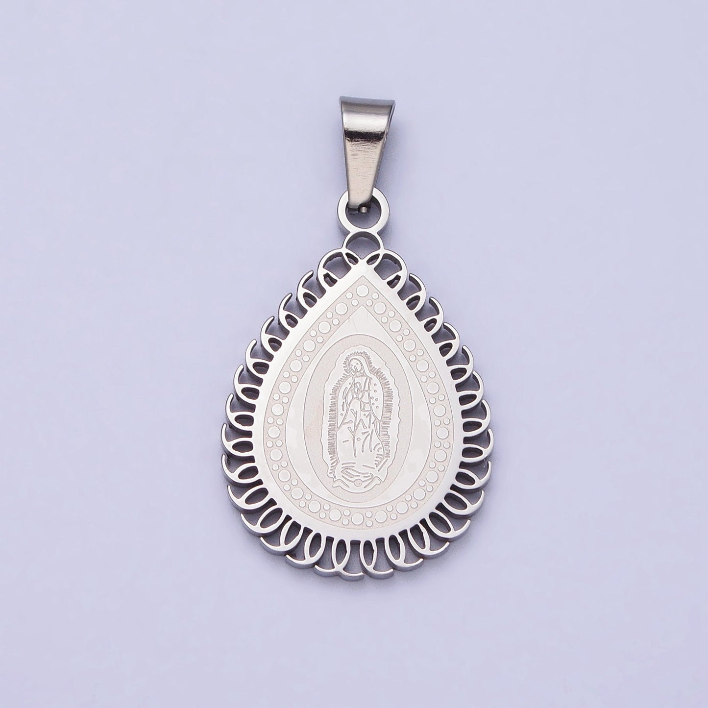 Stainless Steel Mother Mary Lady Guadalupe Engraved Teardrop Pendant in Gold & Silver | J640 J641