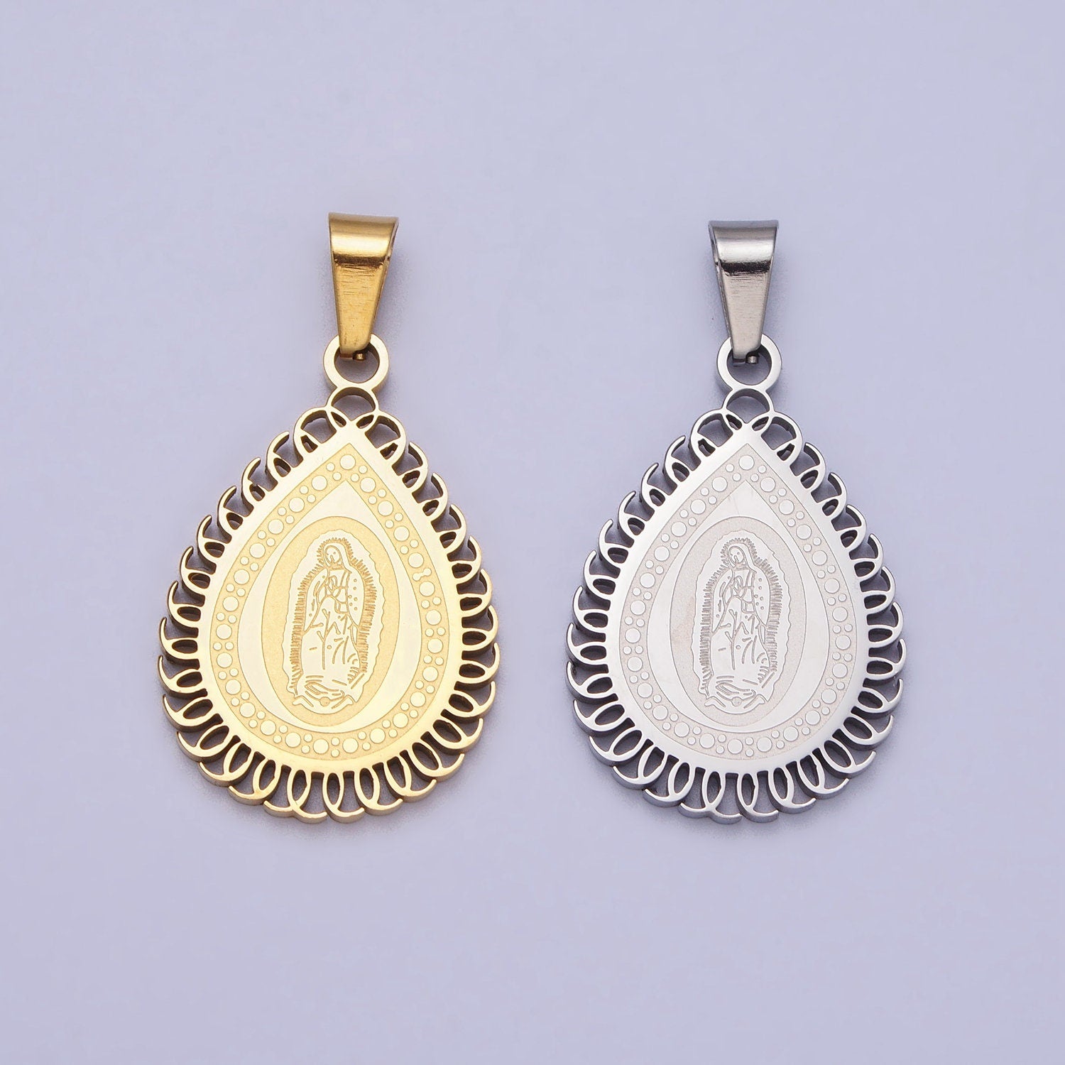 Stainless Steel Mother Mary Lady Guadalupe Engraved Teardrop Pendant in Gold & Silver | J640 J641