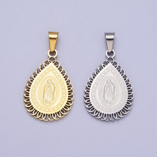 Stainless Steel Mother Mary Lady Guadalupe Engraved Teardrop Pendant in Gold & Silver | J640 J641