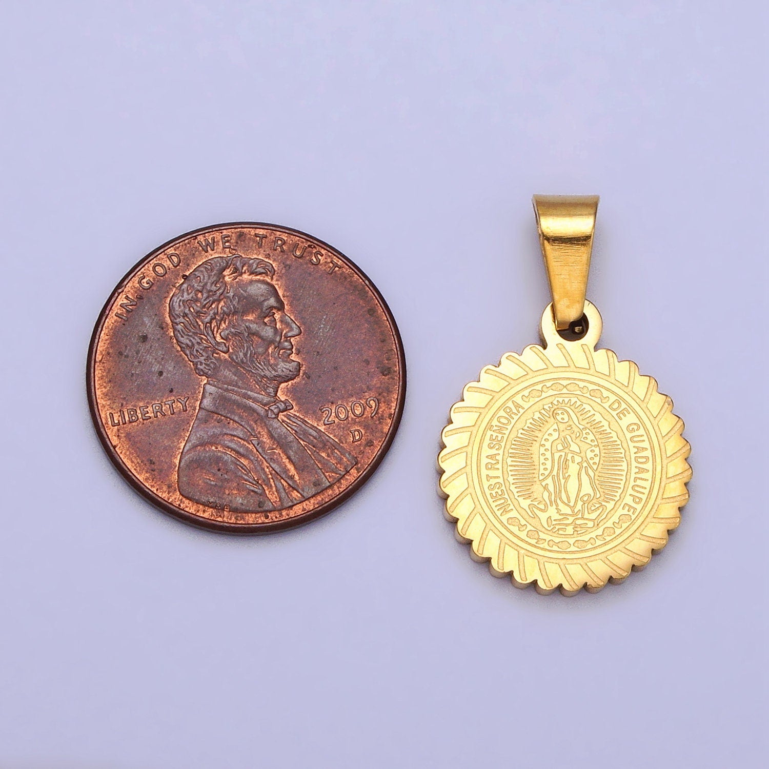 Stainless Steel Nuestra Señora De Guadalupe Engraved Round Pendant in Gold & Silver Lady Guadalupe Virgin Mary | J642 J648