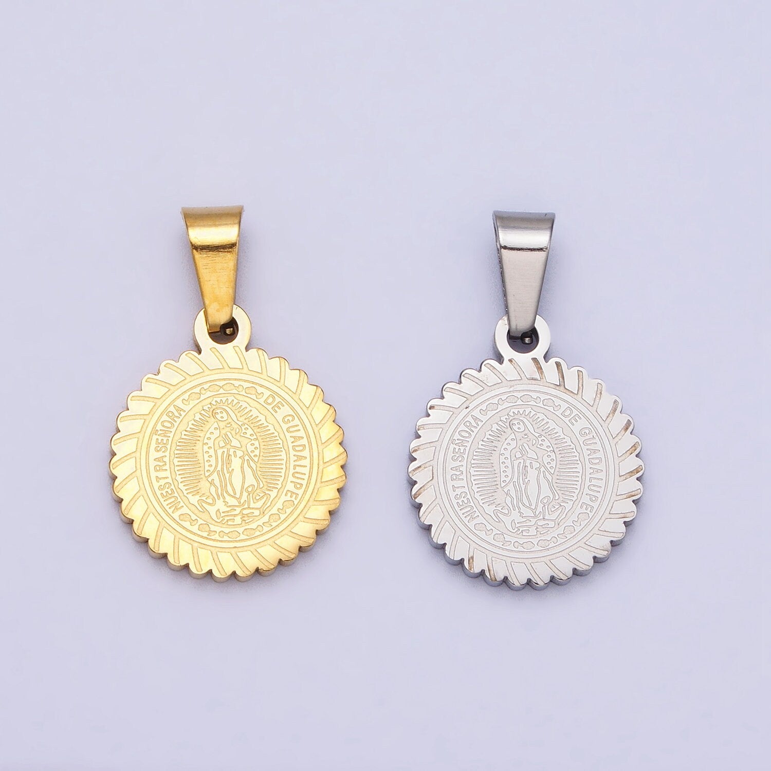 Stainless Steel Nuestra Señora De Guadalupe Engraved Round Pendant in Gold & Silver Lady Guadalupe Virgin Mary | J642 J648