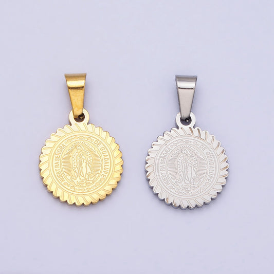 Stainless Steel Nuestra Señora De Guadalupe Engraved Round Pendant in Gold & Silver Lady Guadalupe Virgin Mary | J642 J648