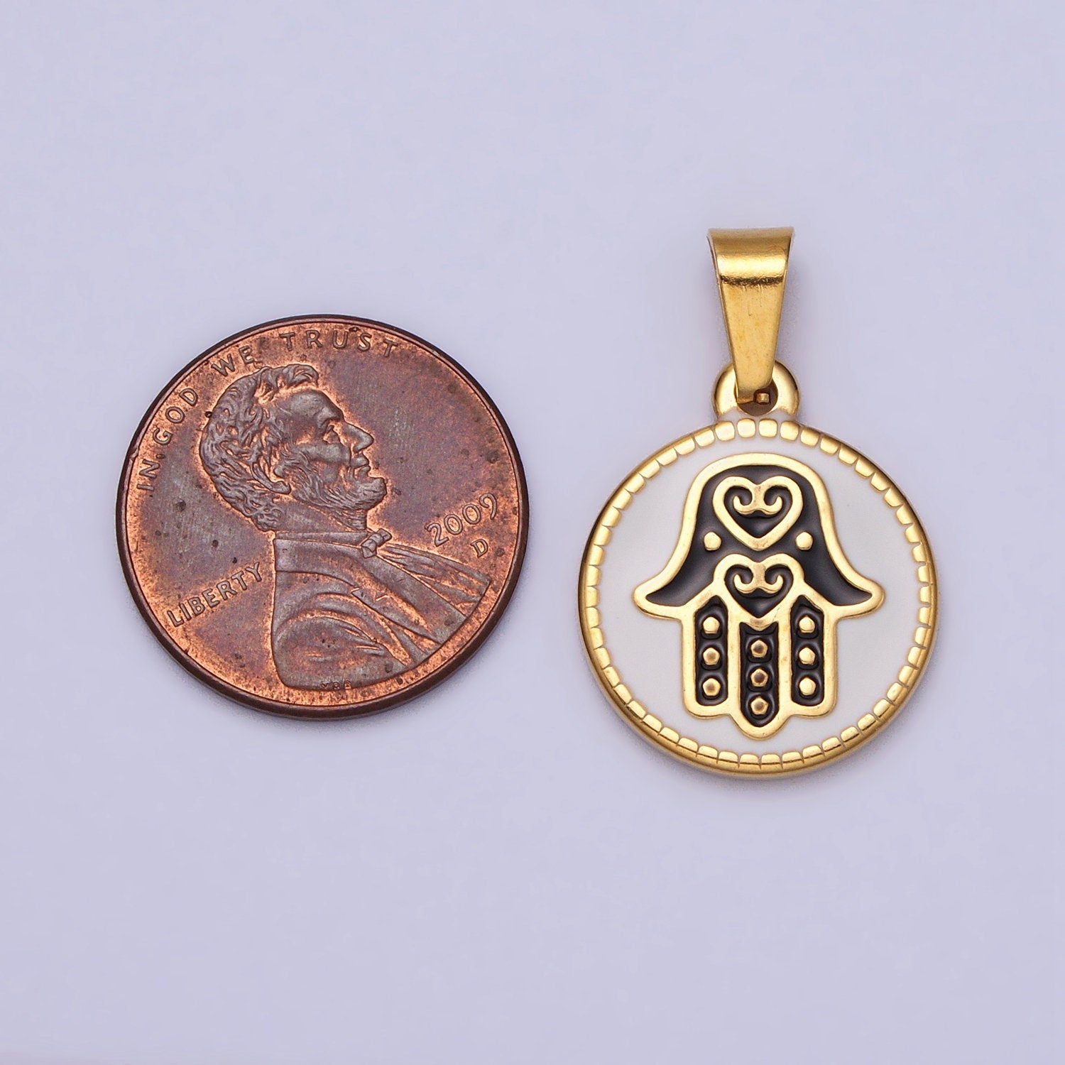 Stainless Steel Black Hamsa Hand White Enamel Round Pendant in Gold & Silver | J655 J659