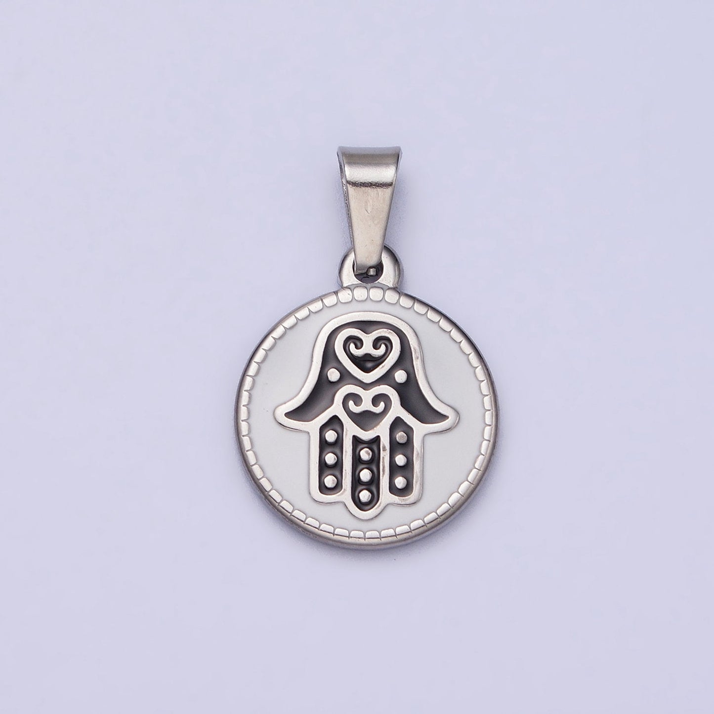 Stainless Steel Black Hamsa Hand White Enamel Round Pendant in Gold & Silver | J655 J659