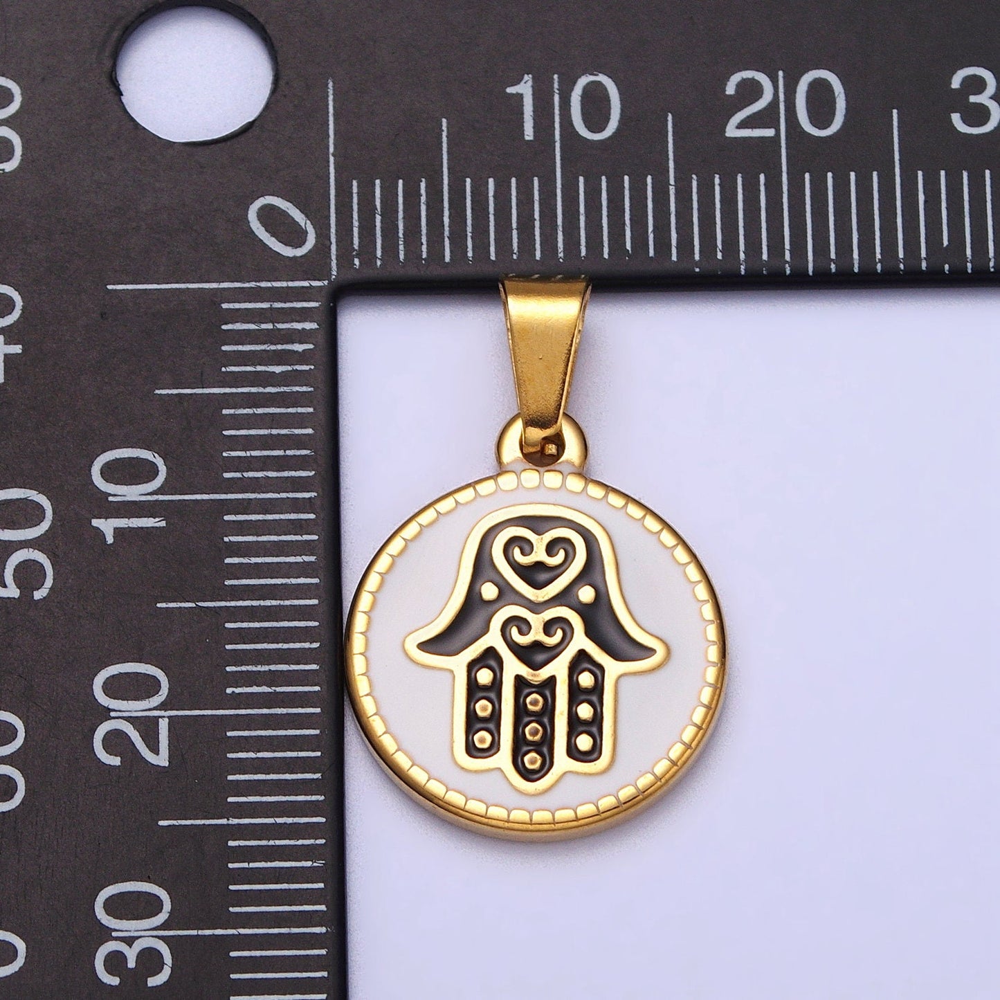 Stainless Steel Black Hamsa Hand White Enamel Round Pendant in Gold & Silver | J655 J659