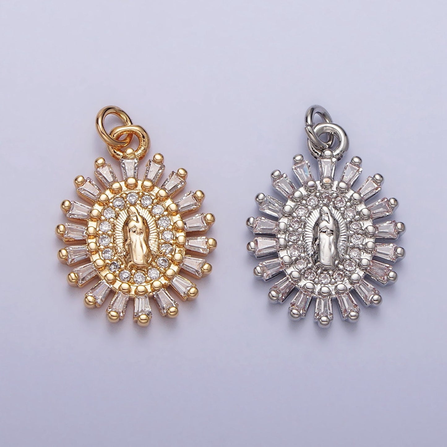 16K Gold Plated Our Lady of Guadalupe Charm Virgin Mary Lady of Lourdes Catholic Bijoux Sunburst Baguette CZ Charm Silver ac262