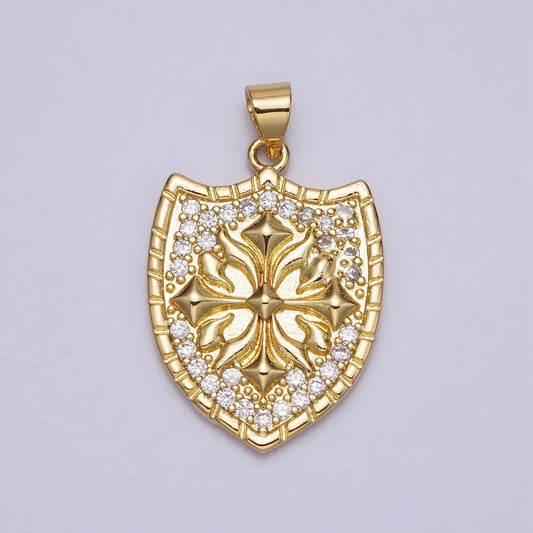 Dainty Gold Cross Shield Pendant for Necklace with Cubic Zirconia Vintage Medallion Cross Shield Charm Religious Jewelry AA-085