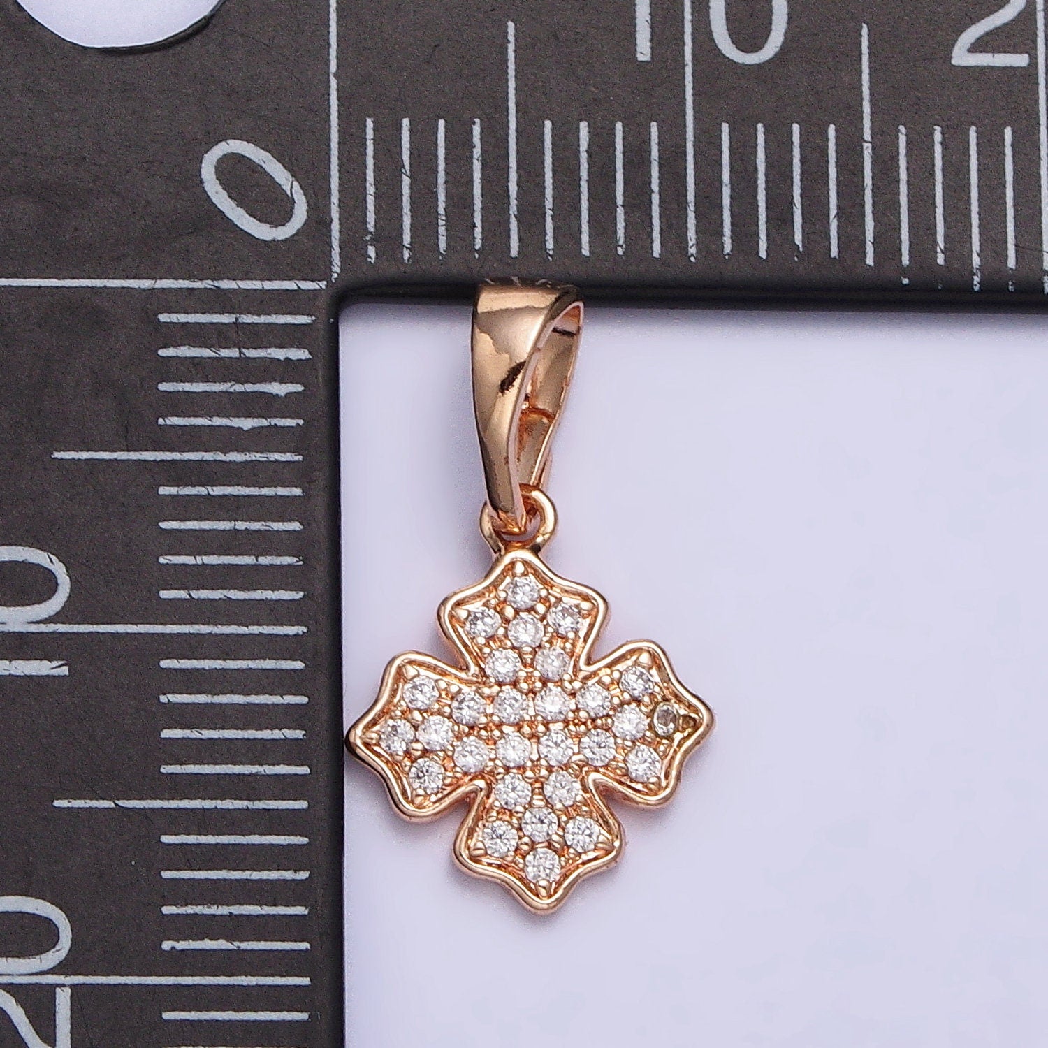18K Gold Filled Clear Micro Paved CZ Clover Charm Pinky Gold Cross Pendant | AA032
