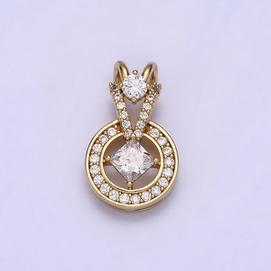 14K Gold Filled Clear Rhombus CZ Round Micro Paved Charm Geometric Pendant Minimalist Jewelry Component | AA038