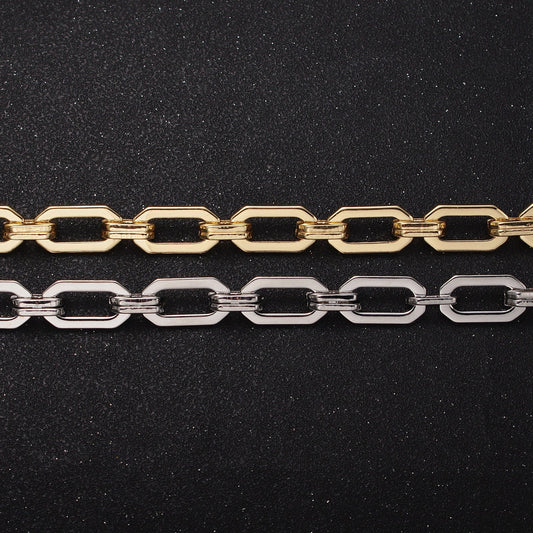 16K Gold Filled 9mm Hexagonal Edged Paper Clip Unfinished Jewelry Making Bulk Unfinished Yard Chain in Gold & Silver | Roll-1159 Roll-1160