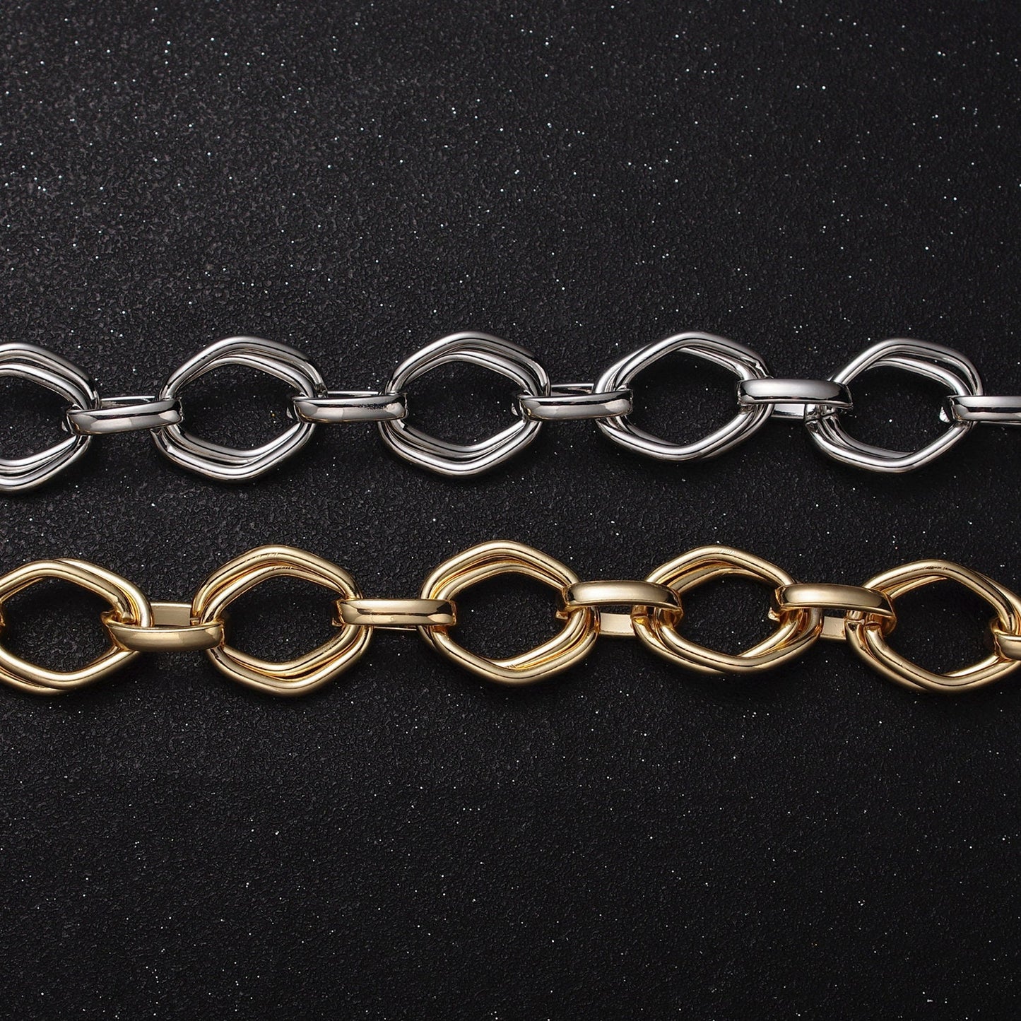 16K Gold Filled Geometric Rhombus Hexagonal Double Multiple Link Unfinished Yard Statement Chain in Gold & Silver | Roll-1151 Roll-1152