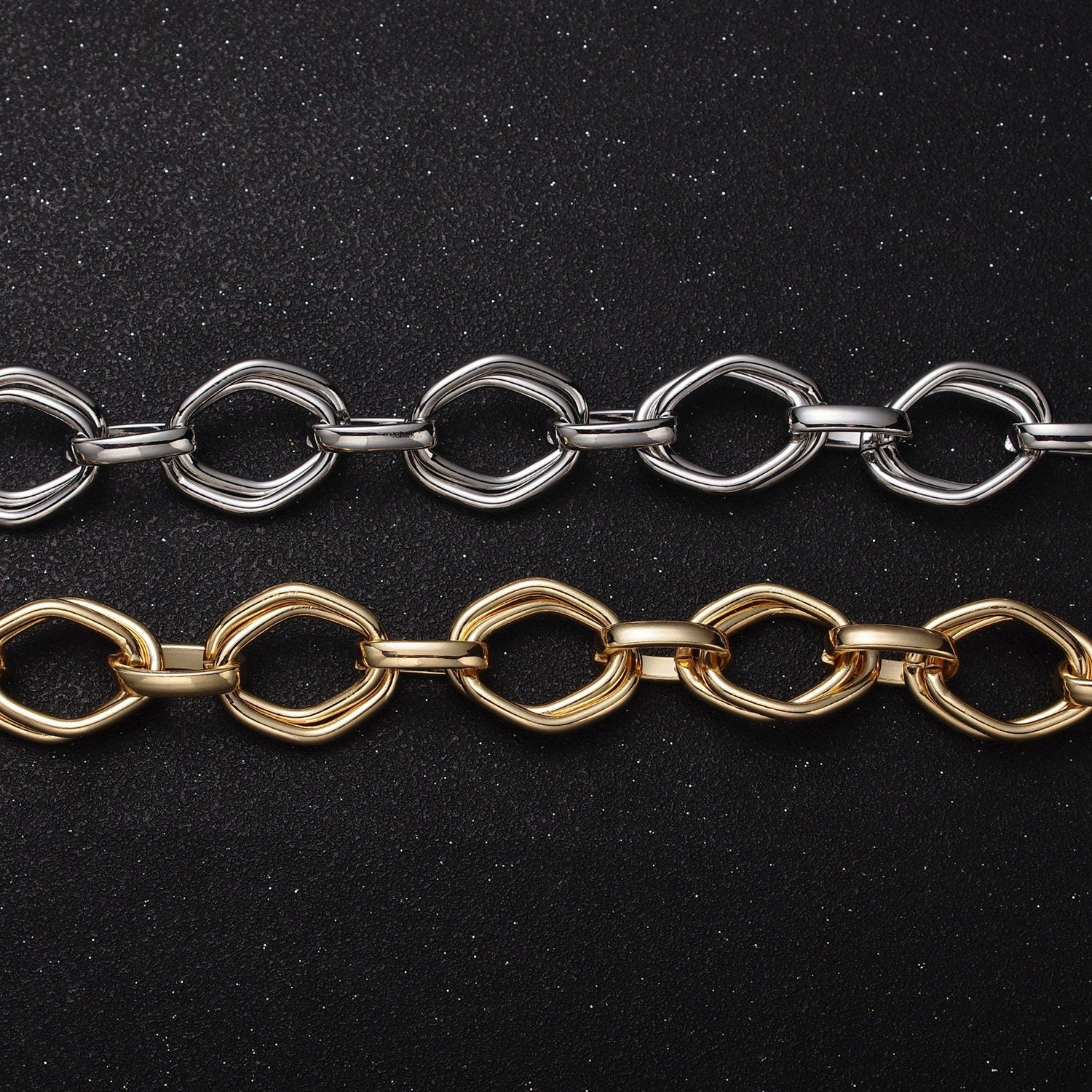 16K Gold Filled Geometric Rhombus Hexagonal Double Multiple Link Unfinished Yard Statement Chain in Gold & Silver | Roll-1151 Roll-1152