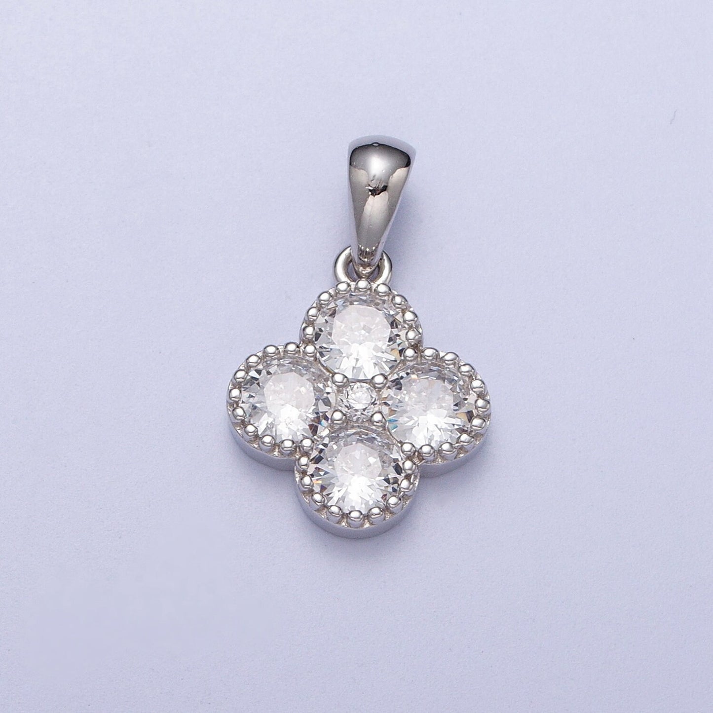 Tiny Sterling Silver Four Leaf Clover Charm, Good Luck Charm, Good Fortune Saint Patrick Charm, Small Flower CZ Clover Luck of the Irish