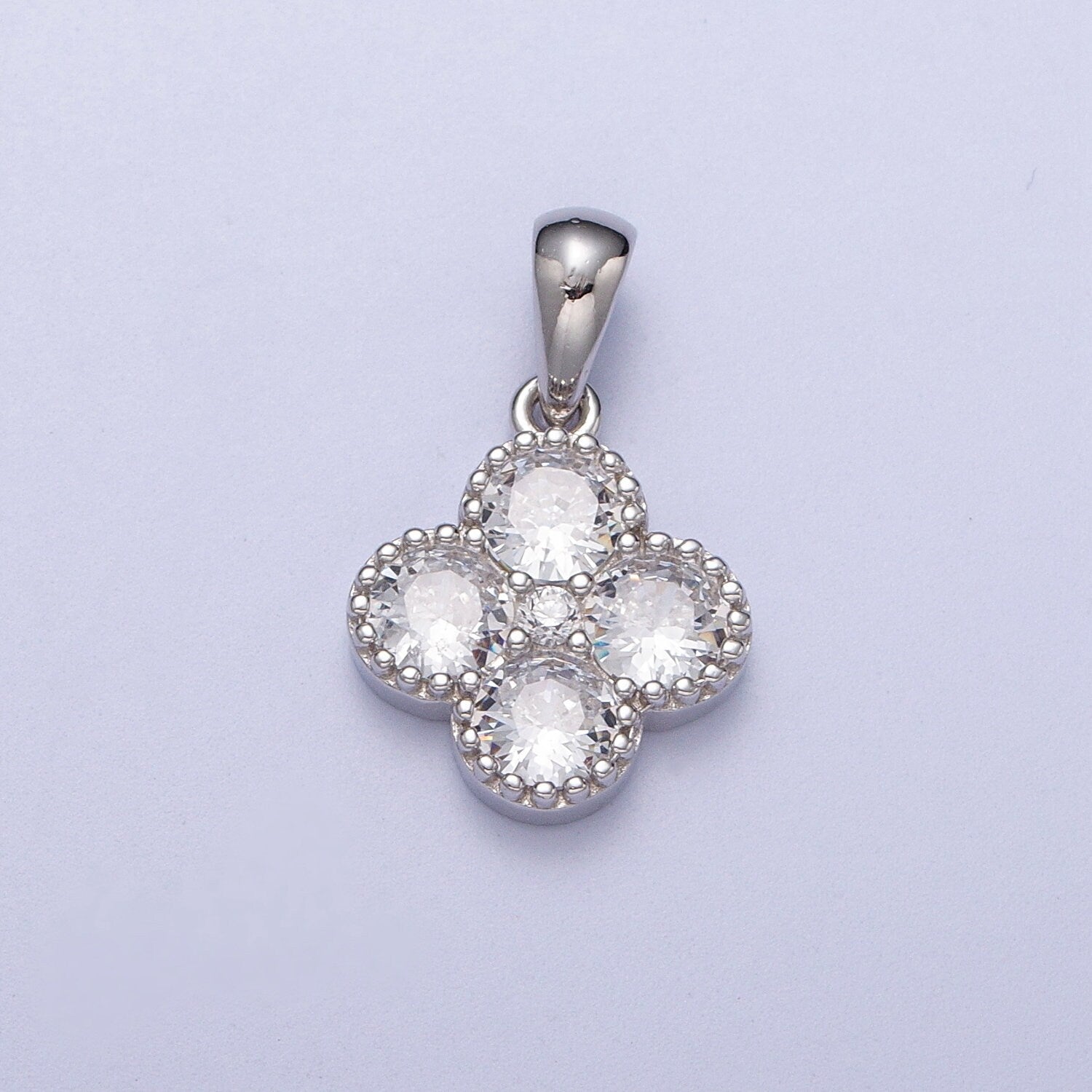 Tiny Sterling Silver Four Leaf Clover Charm, Good Luck Charm, Good Fortune Saint Patrick Charm, Small Flower CZ Clover Luck of the Irish