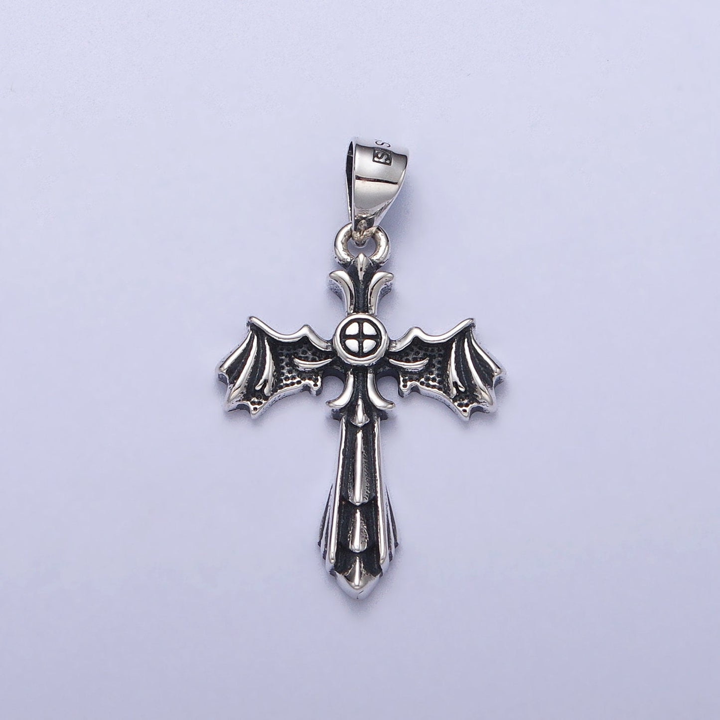 Winged Cross Silver Pendant, Silver Anarchy Necklace Charm Silver Cross Charm for Emo Punk Men Jewelry Making Supply SL-396