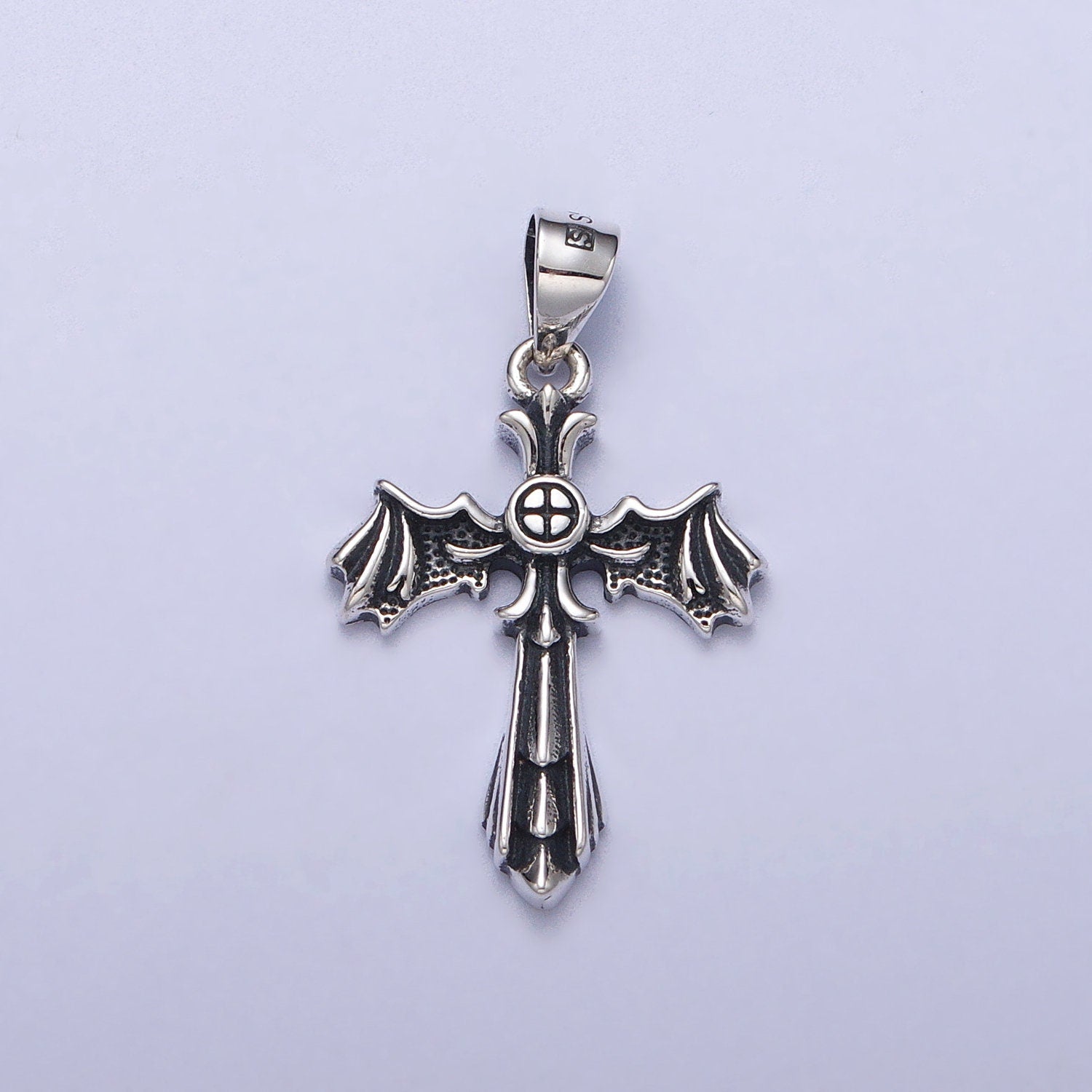 Winged Cross Silver Pendant, Silver Anarchy Necklace Charm Silver Cross Charm for Emo Punk Men Jewelry Making Supply SL-396