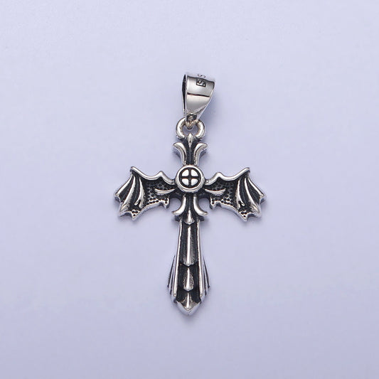 Winged Cross Silver Pendant, Silver Anarchy Necklace Charm Silver Cross Charm for Emo Punk Men Jewelry Making Supply SL-396