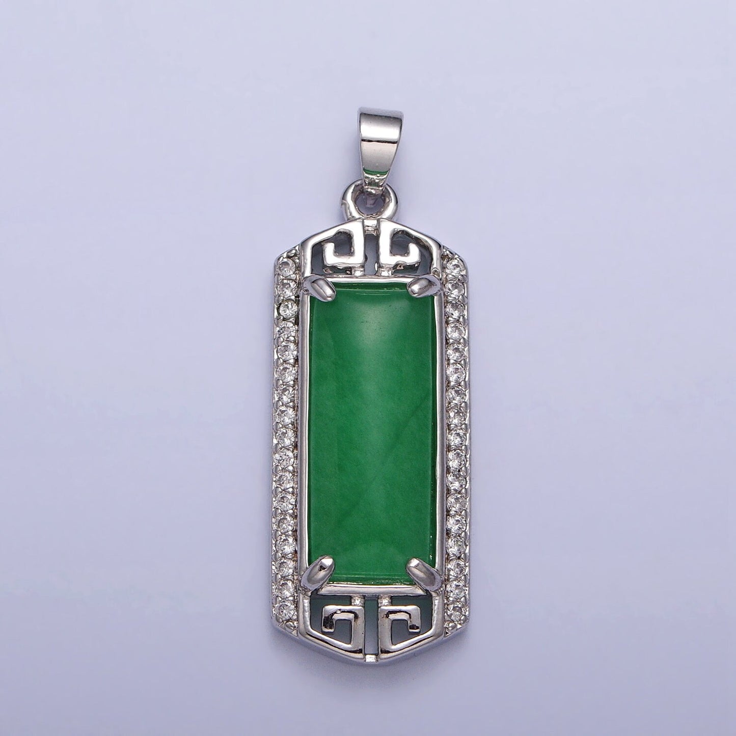 24k Gold Filled Clear Micro Paved CZ Green Jade Bar Pendant in Gold & Silver Long Tablet Pendant for Dangle Necklace | AA097 AA098