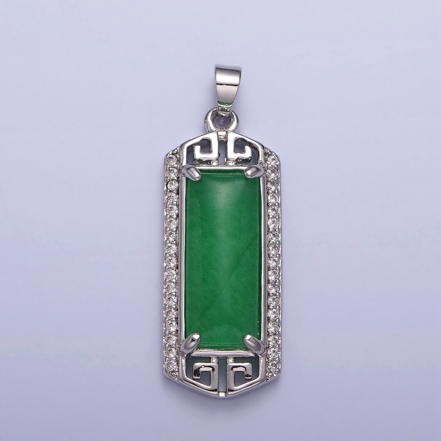24k Gold Filled Clear Micro Paved CZ Green Jade Bar Pendant in Gold & Silver Long Tablet Pendant for Dangle Necklace | AA097 AA098