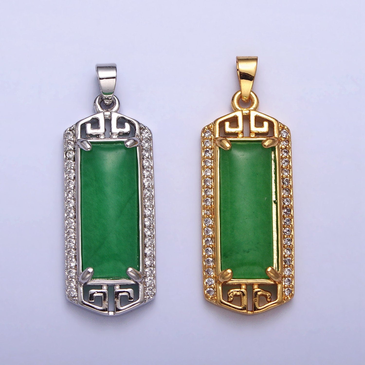24k Gold Filled Clear Micro Paved CZ Green Jade Bar Pendant in Gold & Silver Long Tablet Pendant for Dangle Necklace | AA097 AA098