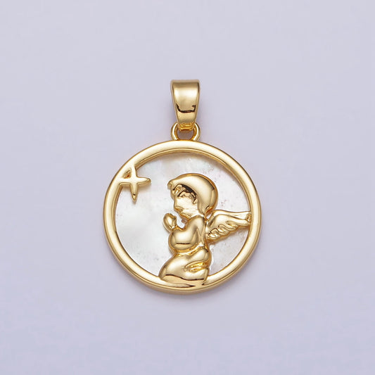 Gold Pearl Praying Angel Coin Medallion Pendant, 24K Gold Filled Round Shell Pearl Child Angel Charm For Jewelry Making | aa112