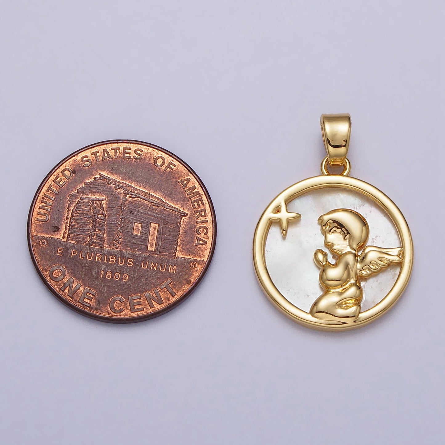 Gold Pearl Praying Angel Coin Medallion Pendant, 24K Gold Filled Round Shell Pearl Child Angel Charm For Jewelry Making | aa112