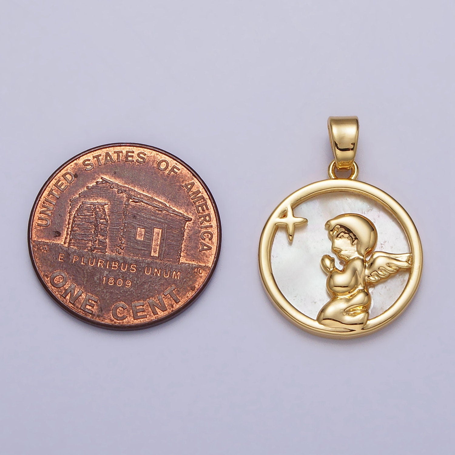 Gold Pearl Praying Angel Coin Medallion Pendant, 24K Gold Filled Round Shell Pearl Child Angel Charm For Jewelry Making | aa112