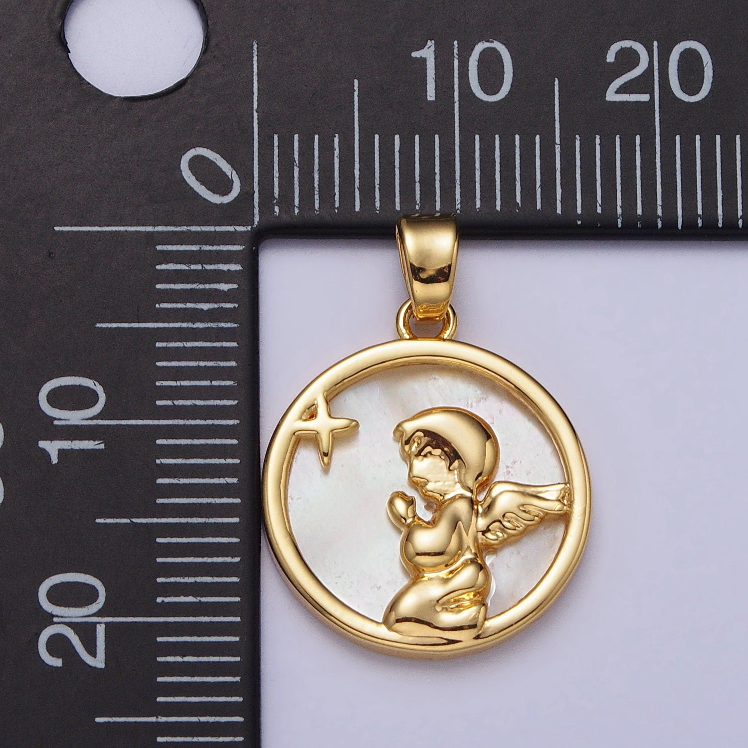 Gold Pearl Praying Angel Coin Medallion Pendant, 24K Gold Filled Round Shell Pearl Child Angel Charm For Jewelry Making | aa112