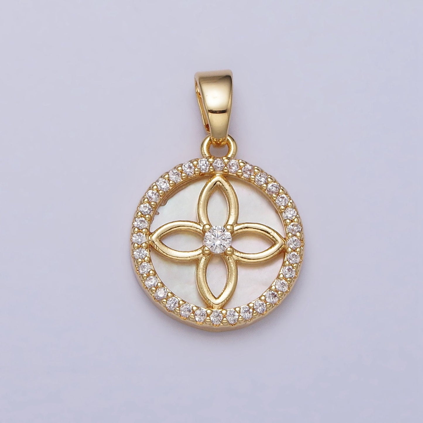 24K Gold Filled Coin Pendant MOP Clover Charm, mother-of-pearl Quatrefoil pendant for Minimalist Jewelry AA-115
