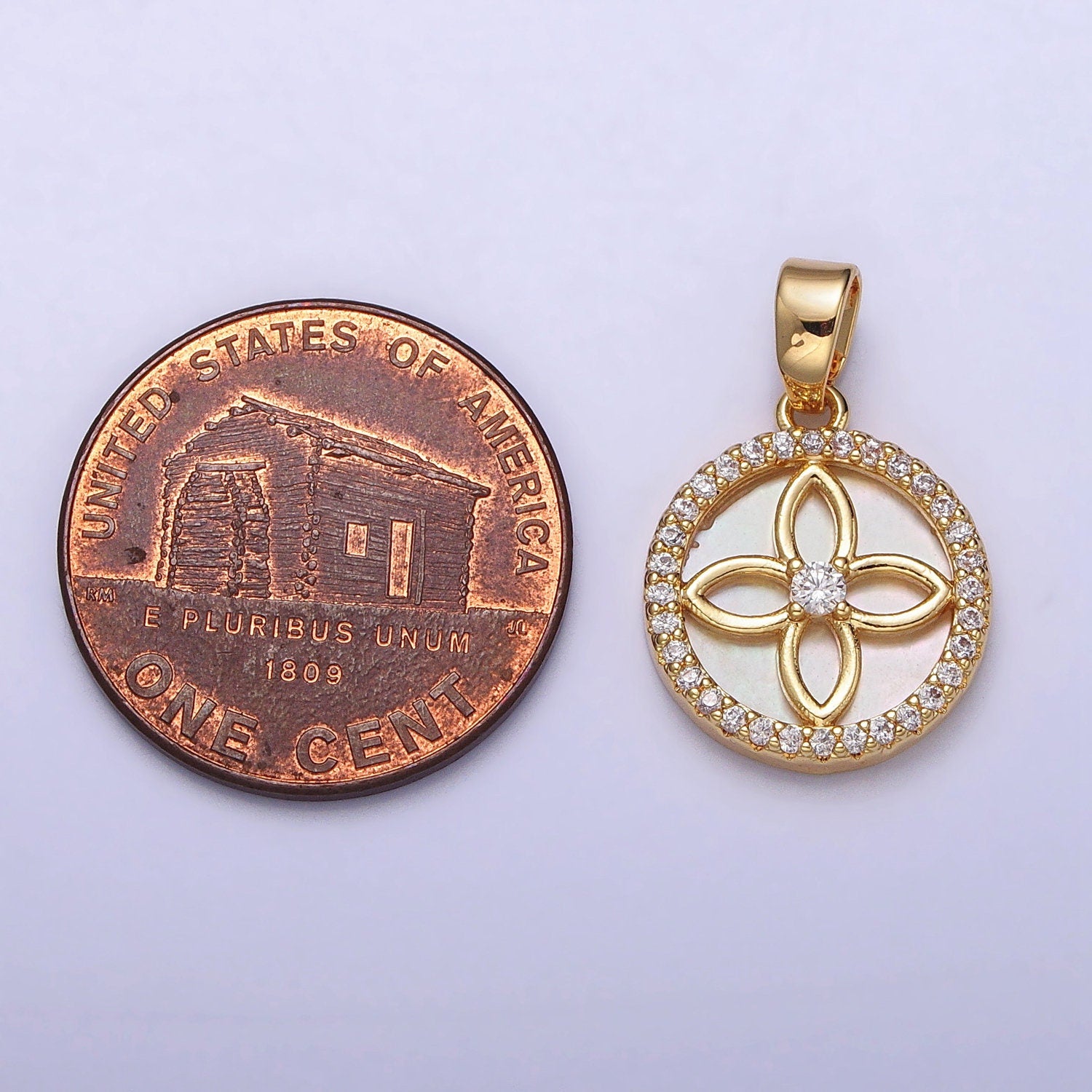 24K Gold Filled Coin Pendant MOP Clover Charm, mother-of-pearl Quatrefoil pendant for Minimalist Jewelry AA-115