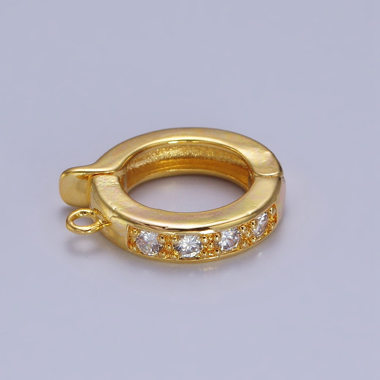 Gold CZ Pull Gate Ring Clasp, Fance Gate Clasp, Pull Clasp with Closed link for Charm Holder Necklace Jewelry Making Supply | Z074 Z081