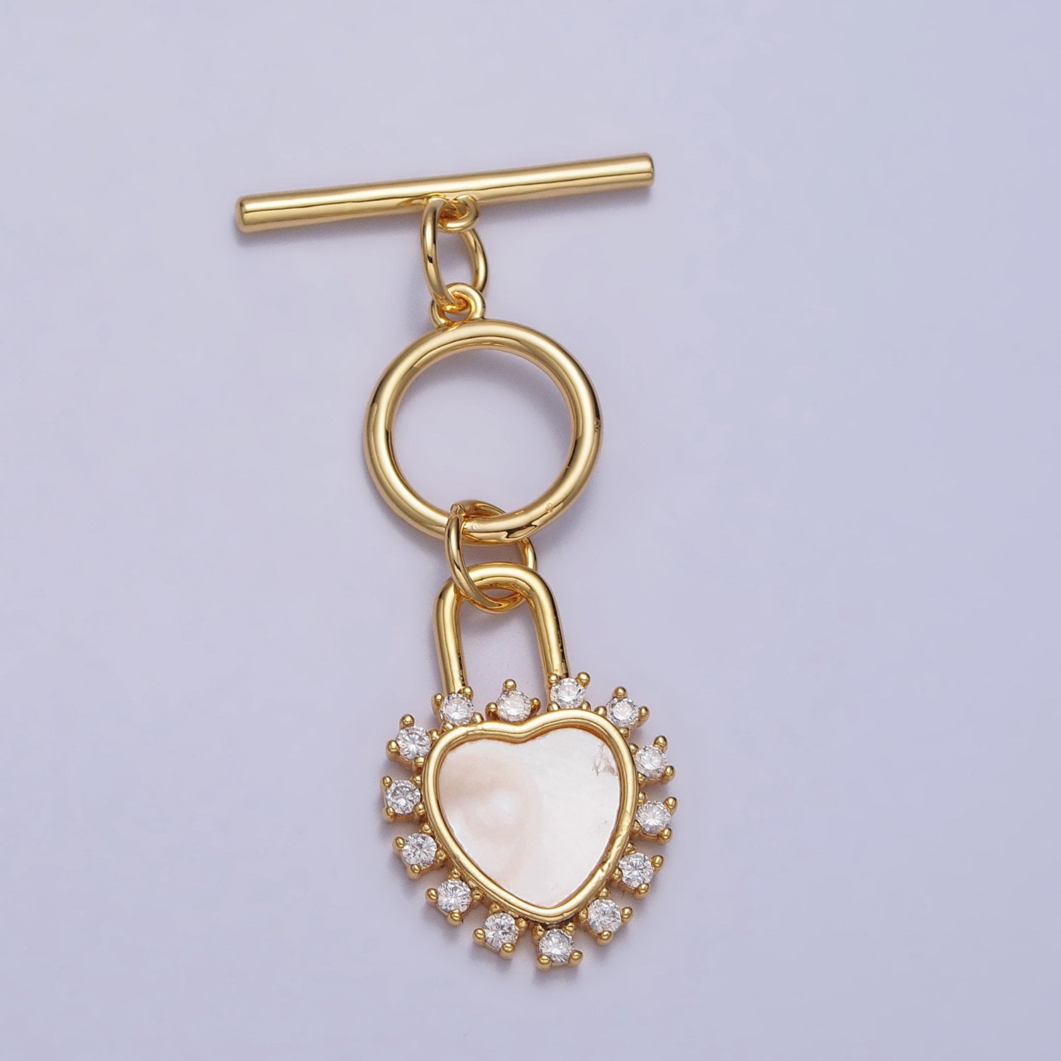 Uniqe Micro Pave Gold Shell Pearl Heart Toggle Clasp, Valentine Jewelry End Clasp OT Clasp Findings Z-066