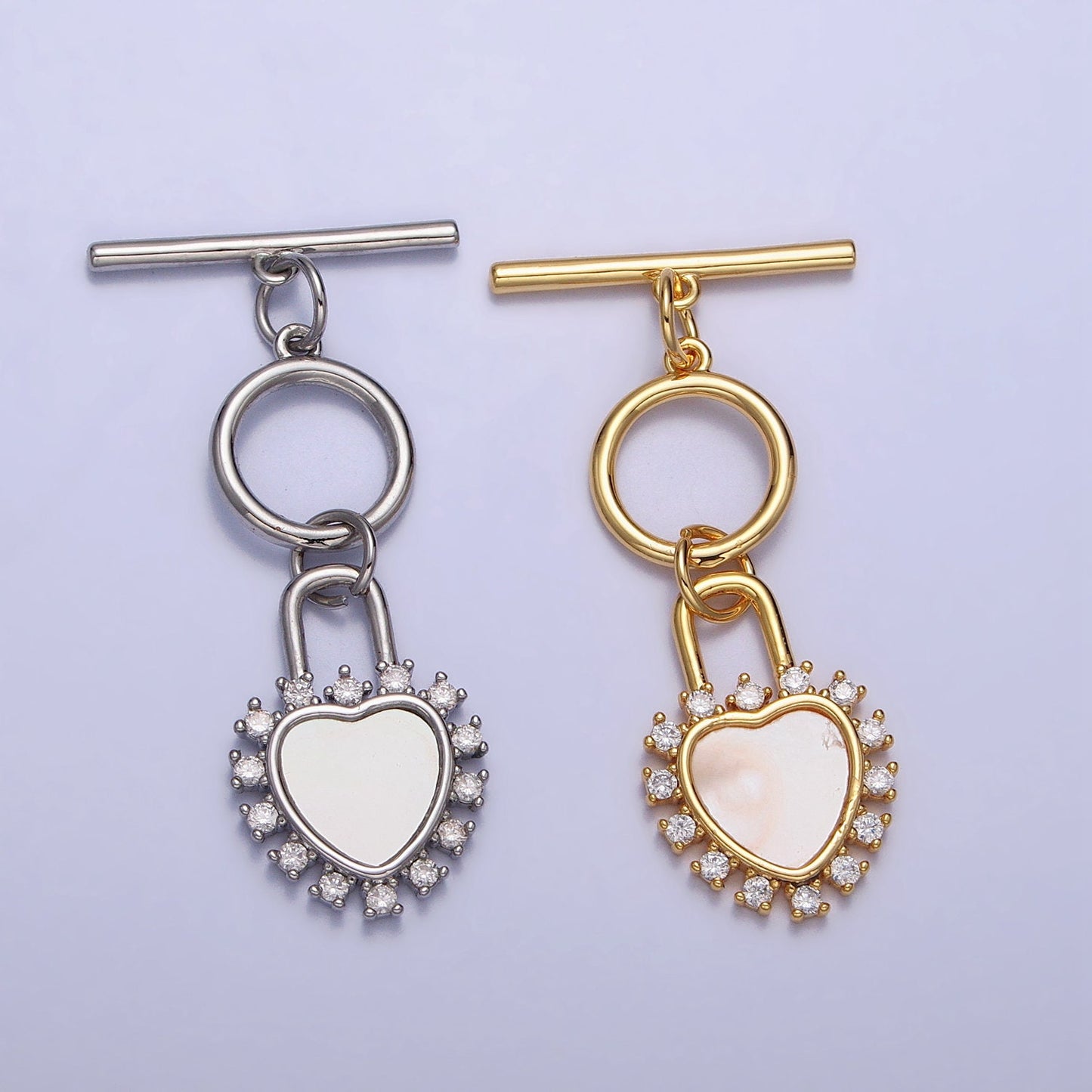 Uniqe Micro Pave Gold Shell Pearl Heart Toggle Clasp, Valentine Jewelry End Clasp OT Clasp Findings Z-066