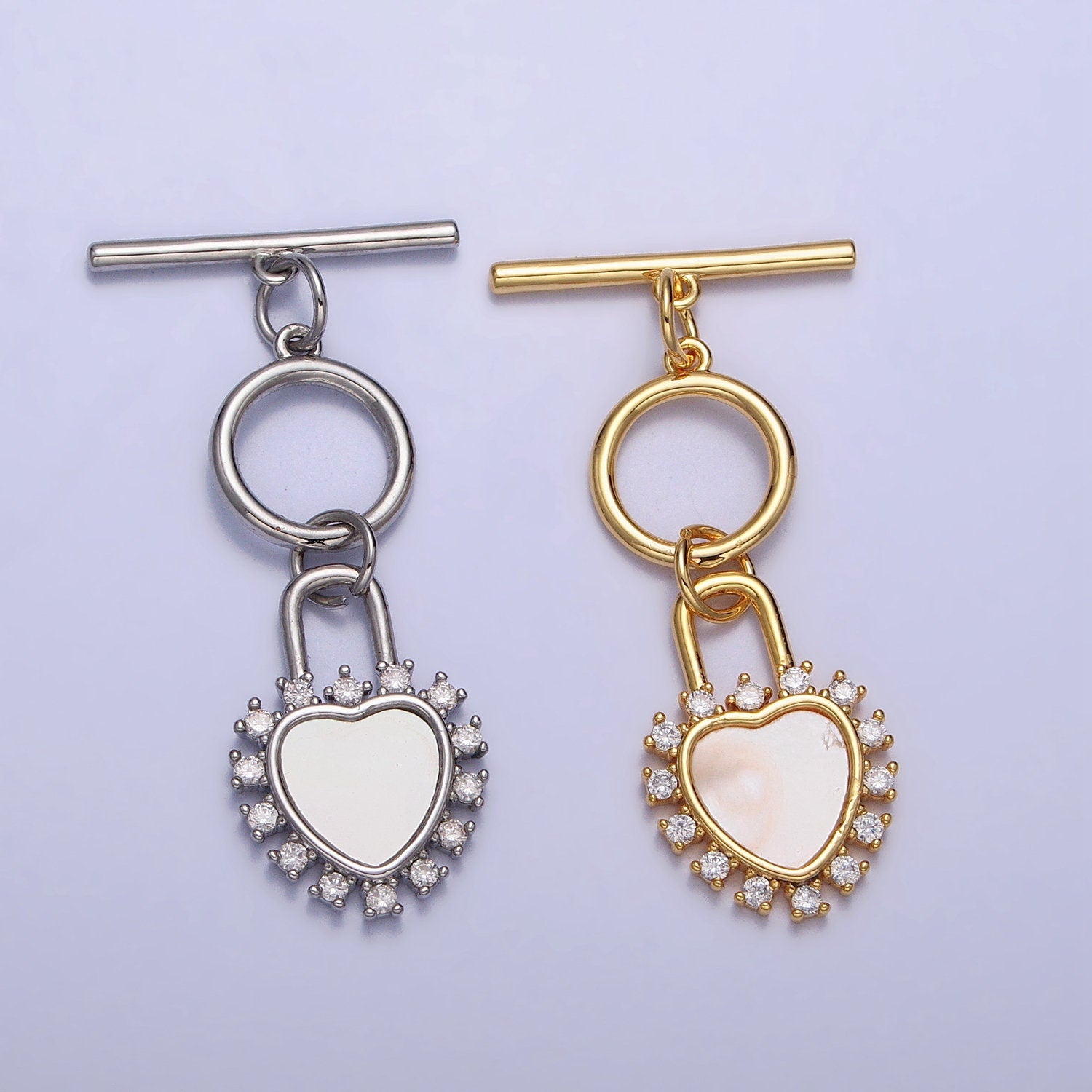 Uniqe Micro Pave Gold Shell Pearl Heart Toggle Clasp, Valentine Jewelry End Clasp OT Clasp Findings Z-066
