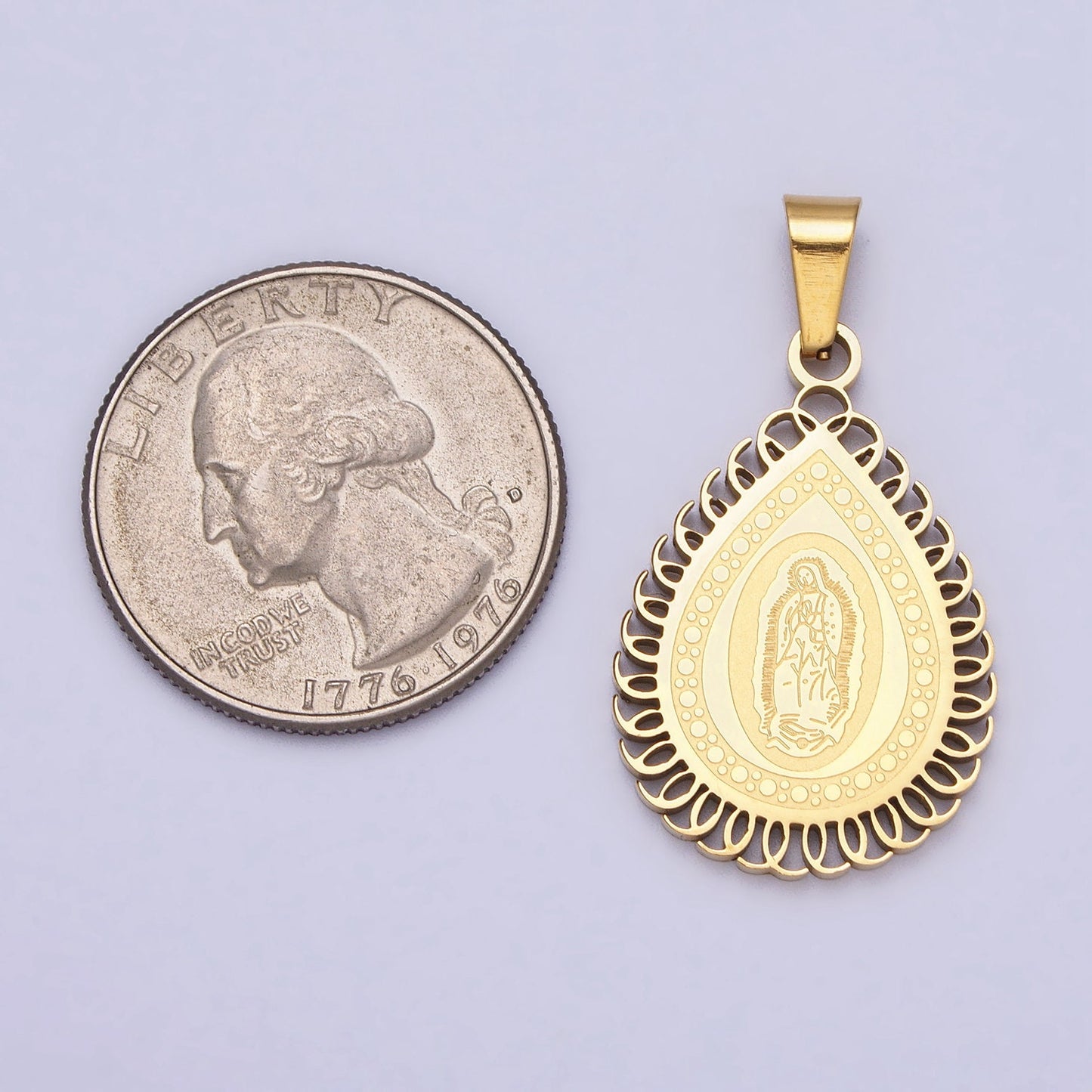 Stainless Steel Mother Mary Lady Guadalupe Engraved Teardrop Pendant in Gold & Silver | J640 J641