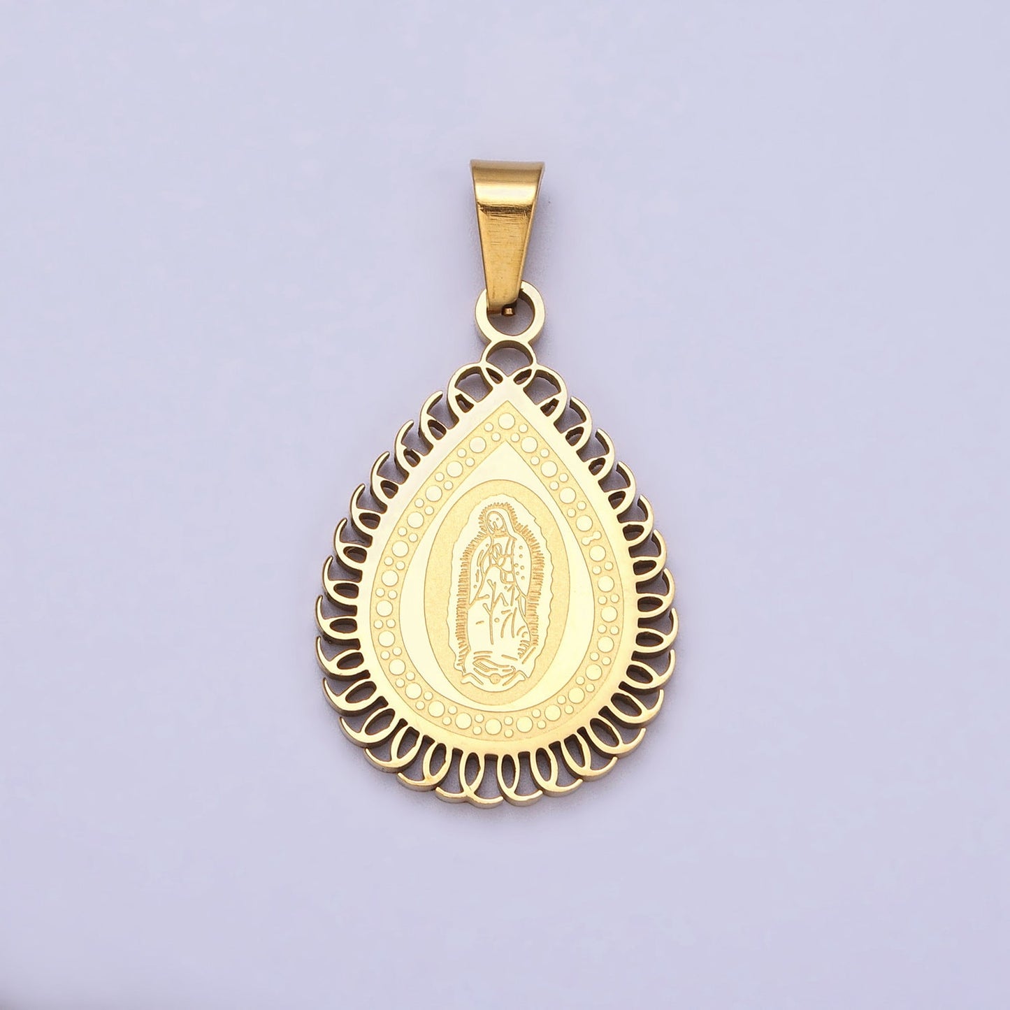 Stainless Steel Mother Mary Lady Guadalupe Engraved Teardrop Pendant in Gold & Silver | J640 J641