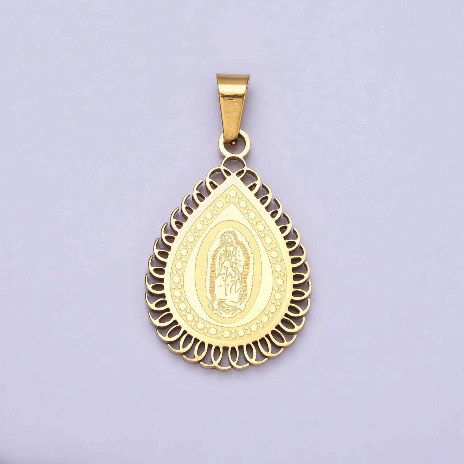 Stainless Steel Mother Mary Lady Guadalupe Engraved Teardrop Pendant in Gold & Silver | J640 J641