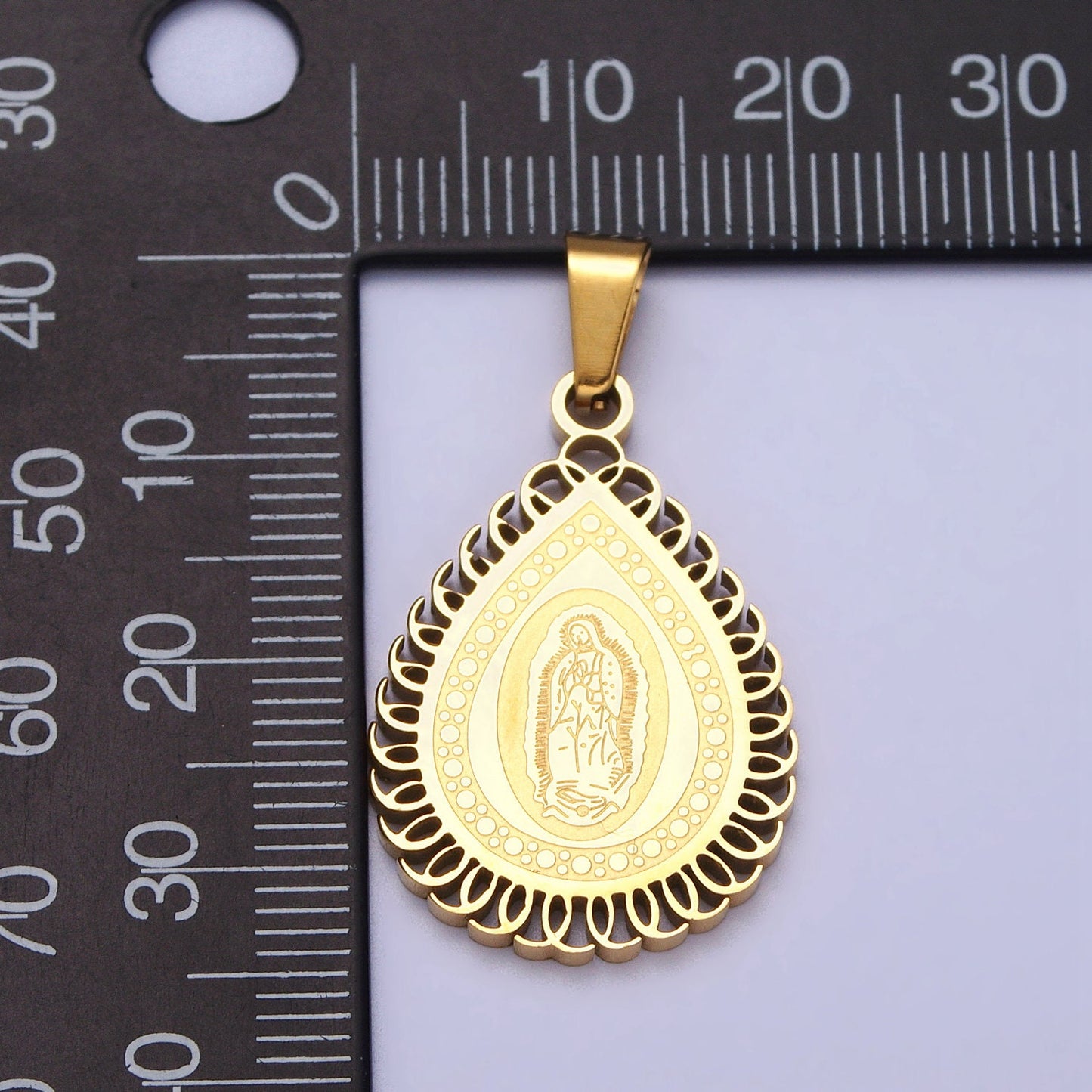 Stainless Steel Mother Mary Lady Guadalupe Engraved Teardrop Pendant in Gold & Silver | J640 J641