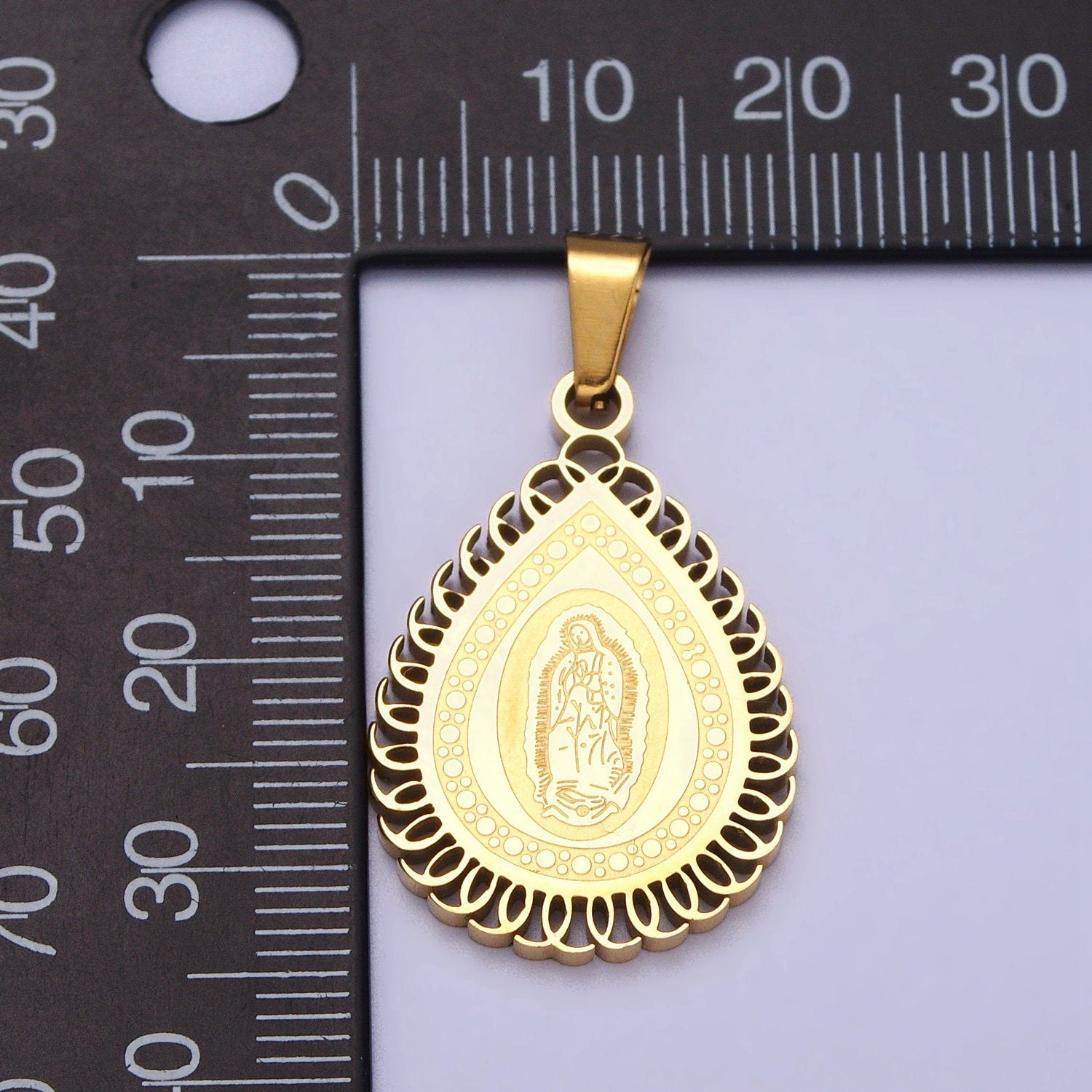 Stainless Steel Mother Mary Lady Guadalupe Engraved Teardrop Pendant in Gold & Silver | J640 J641