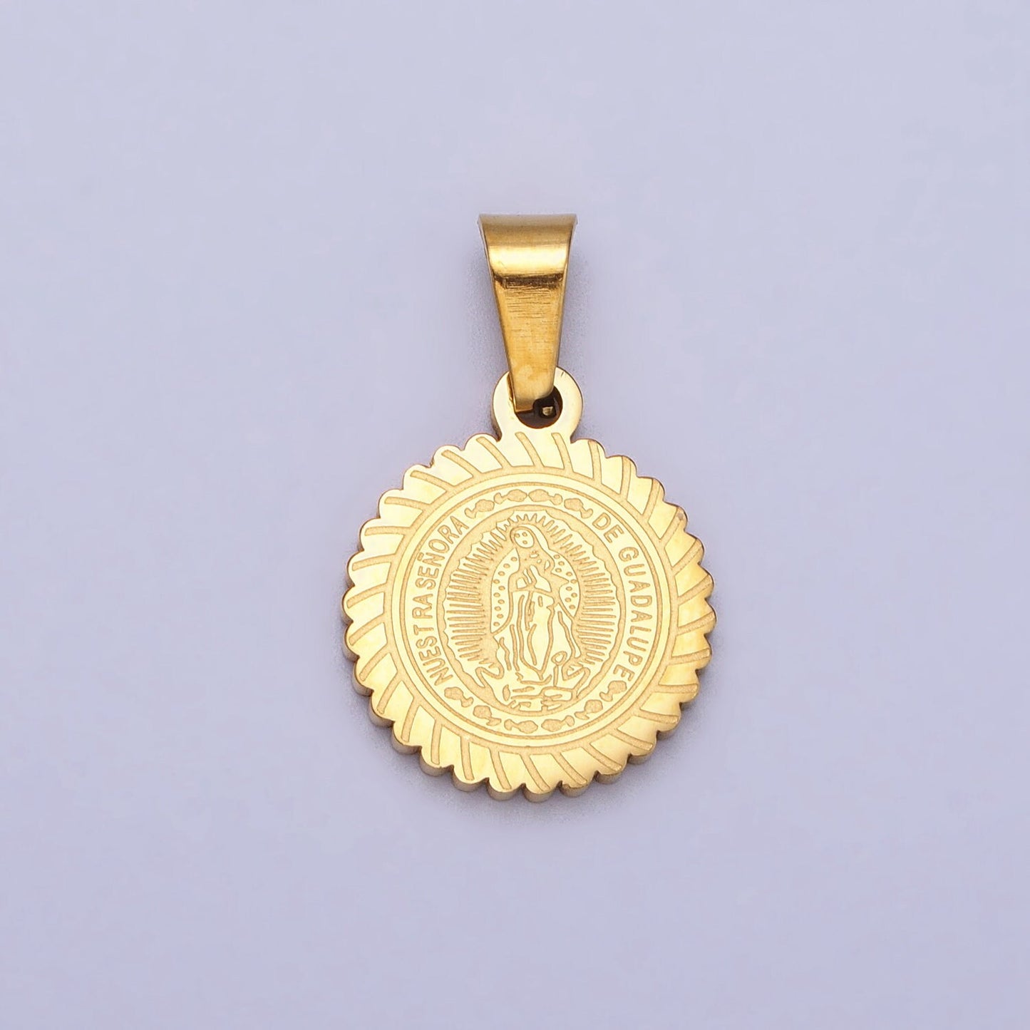 Stainless Steel Nuestra Señora De Guadalupe Engraved Round Pendant in Gold & Silver Lady Guadalupe Virgin Mary | J642 J648