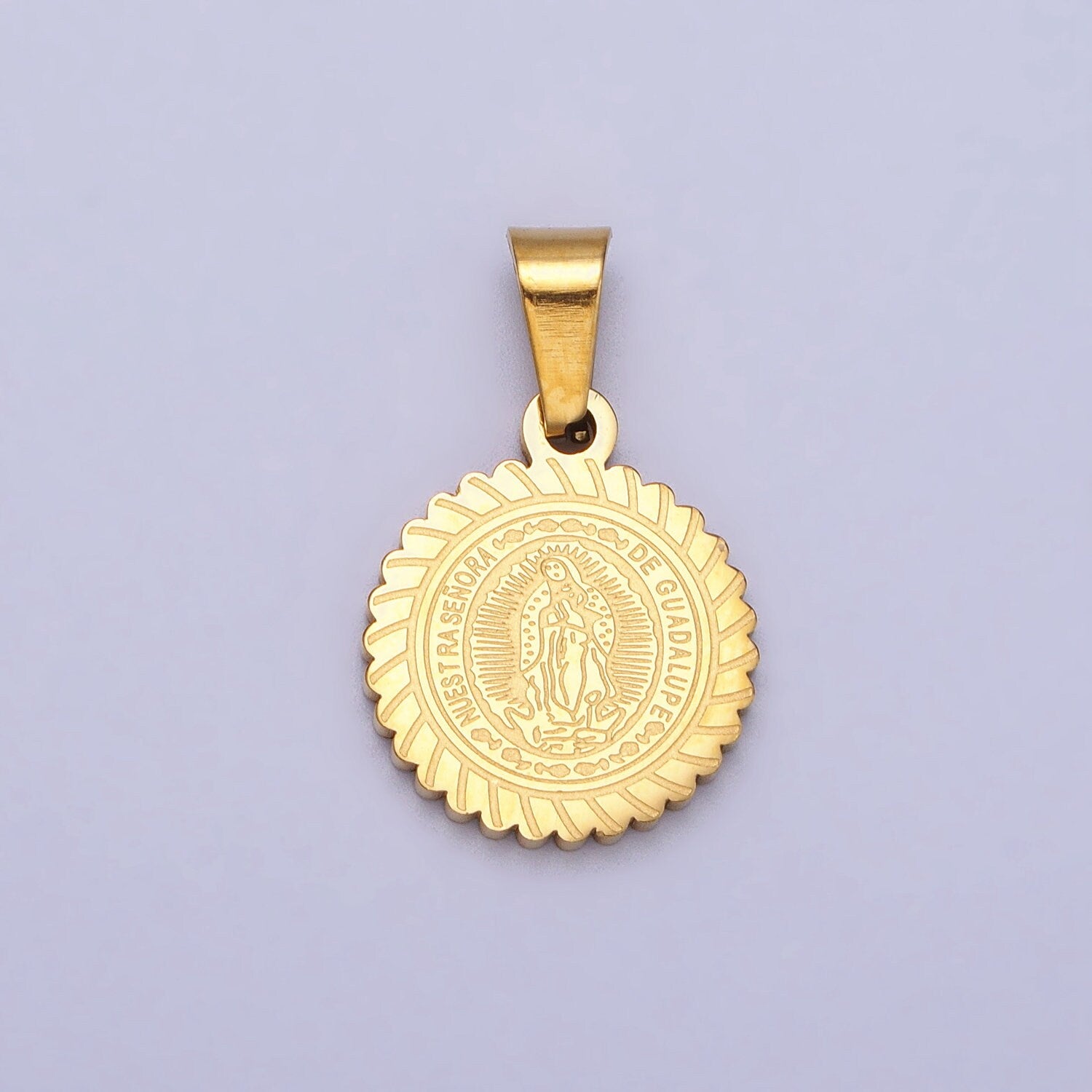 Stainless Steel Nuestra Señora De Guadalupe Engraved Round Pendant in Gold & Silver Lady Guadalupe Virgin Mary | J642 J648