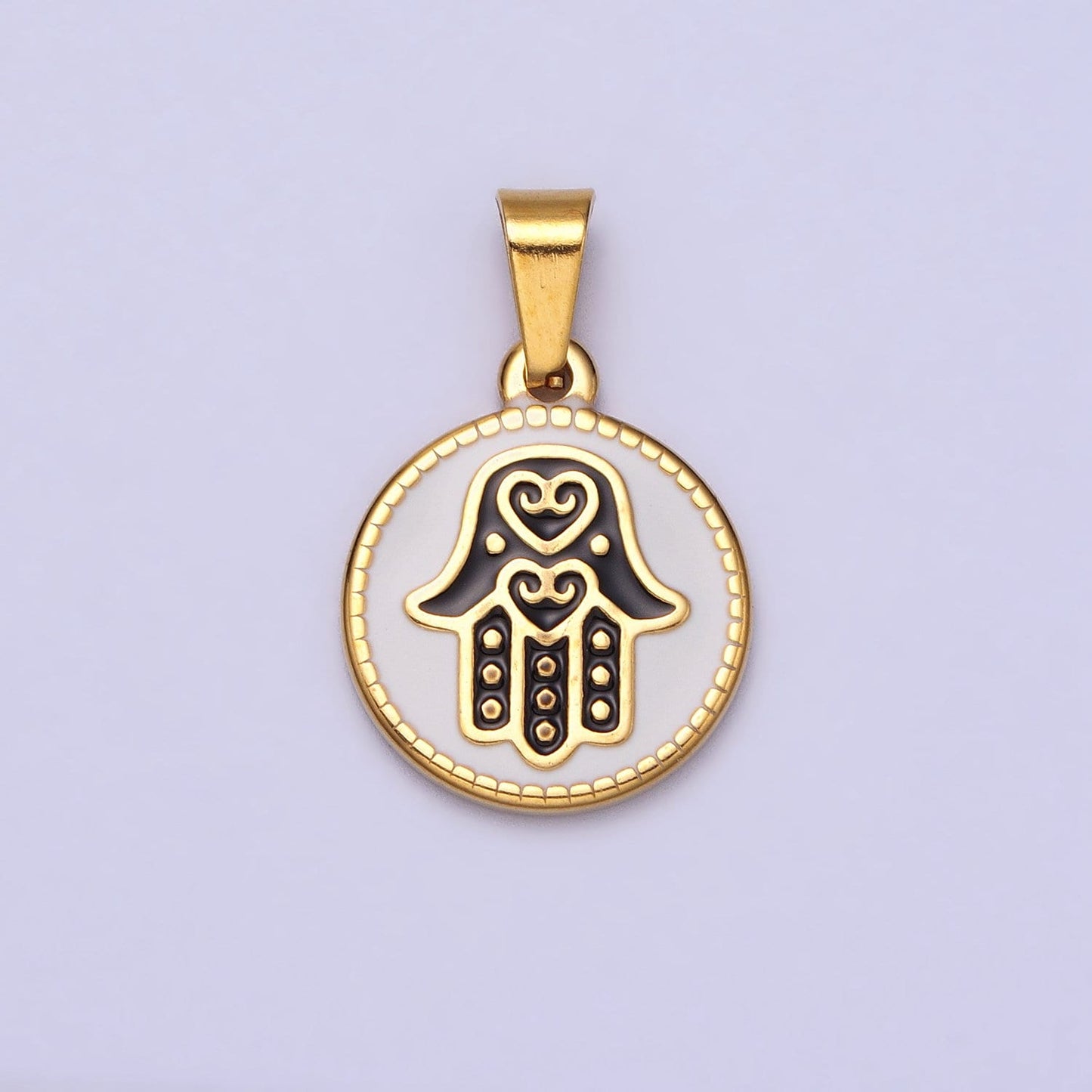 Stainless Steel Black Hamsa Hand White Enamel Round Pendant in Gold & Silver | J655 J659