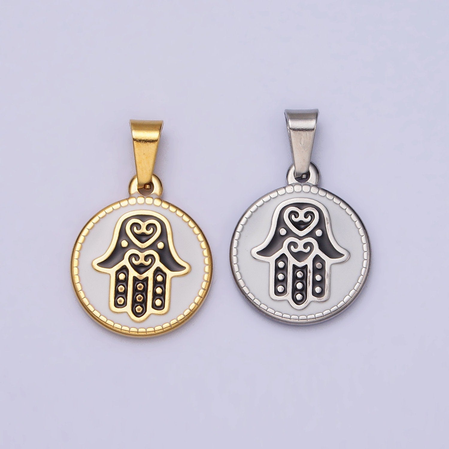 Stainless Steel Black Hamsa Hand White Enamel Round Pendant in Gold & Silver | J655 J659