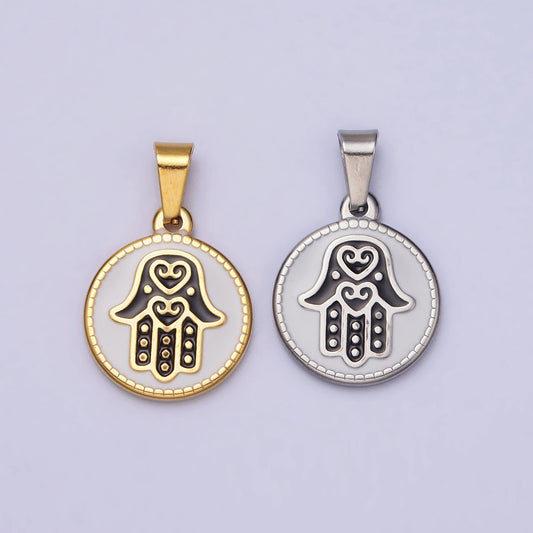 Stainless Steel Black Hamsa Hand White Enamel Round Pendant in Gold & Silver | J655 J659