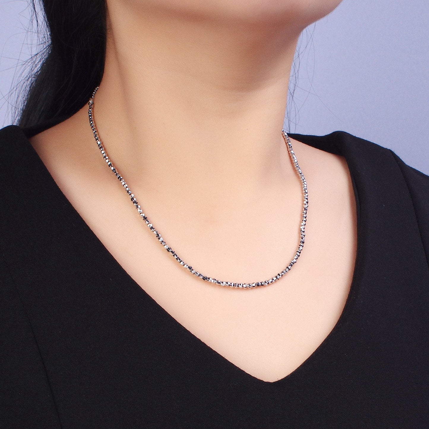 Dainty Gold Faceted Silver Disco Ball Bead Necklace Beaded Shiny Ball Necklace 17.5 inch For women WA1566