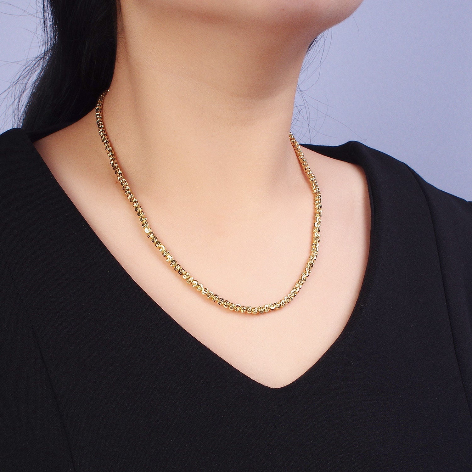 Dainty Gold Sparkling Moon Cut Ball Bead Necklace Chain Thin Minimalist Jewelry Beaded Ball 17.5 inch + 2 inch extender for Woman WA1568